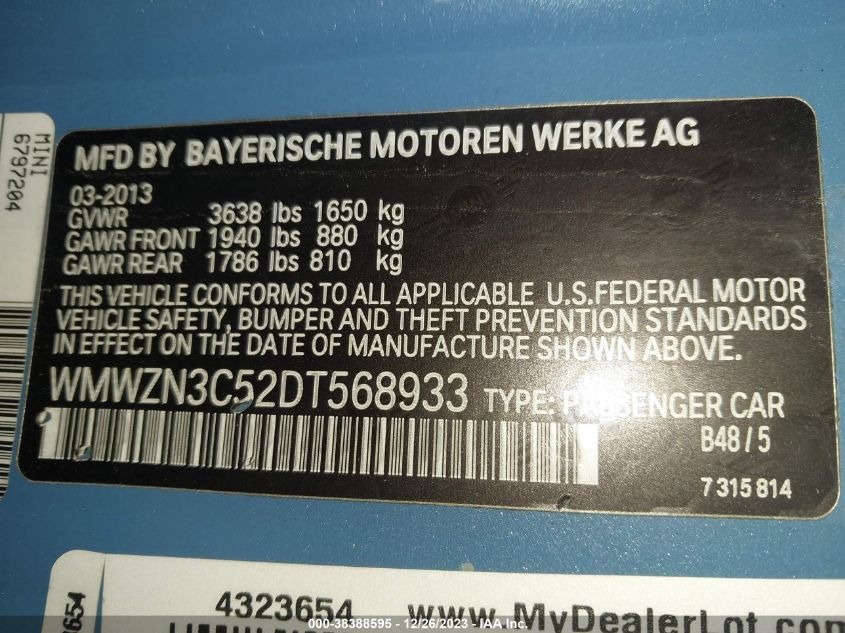 2013 MINI CONVERTIBLE WMWZN3C52DT568933