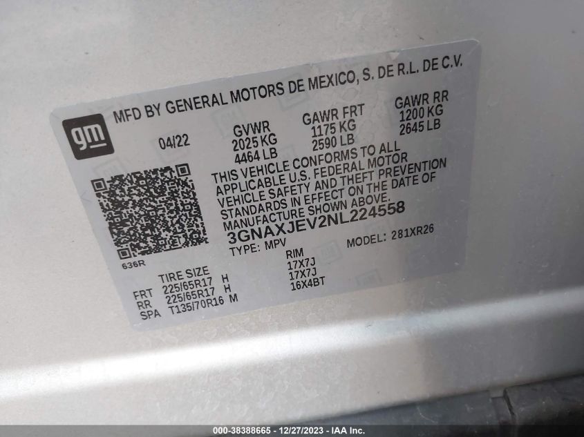 2022 CHEVROLET EQUINOX LT - 3GNAXJEV2NL224558