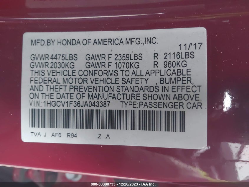 VIN 1HGCV1F36JA043387 2018 HONDA ACCORD SPORT