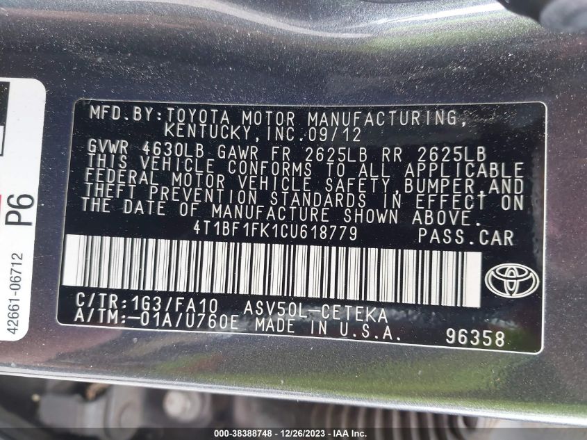 4T1BF1FK1CU618779 | 2012 TOYOTA CAMRY