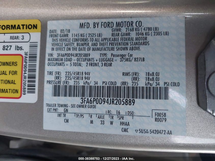 2018 FORD FUSION TITANIUM/PLATINUM - 3FA6P0D94JR205889