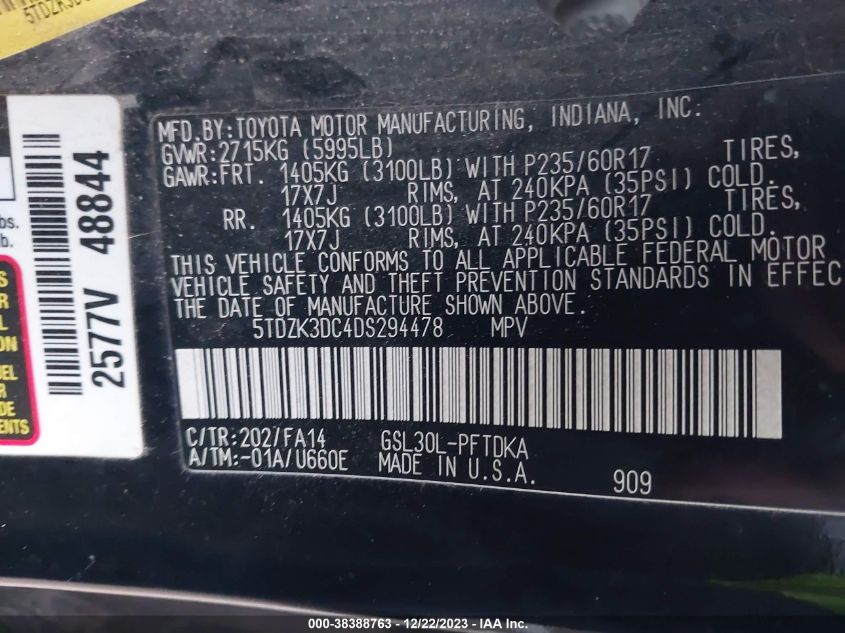 2013 TOYOTA SIENNA L V6 7 PASSENGER - 5TDZK3DC4DS294478