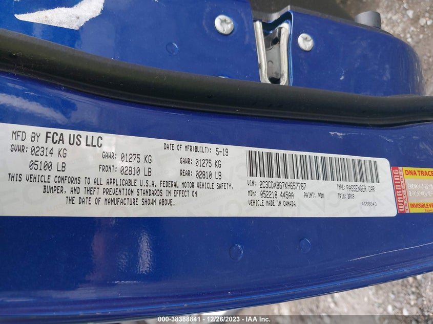 VIN 2C3CDXBG7KH657787 2019 DODGE CHARGER SXT RWD