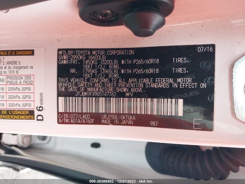 2016 LEXUS GX 460 BASE (A6) - JTJBM7FX9G5147762