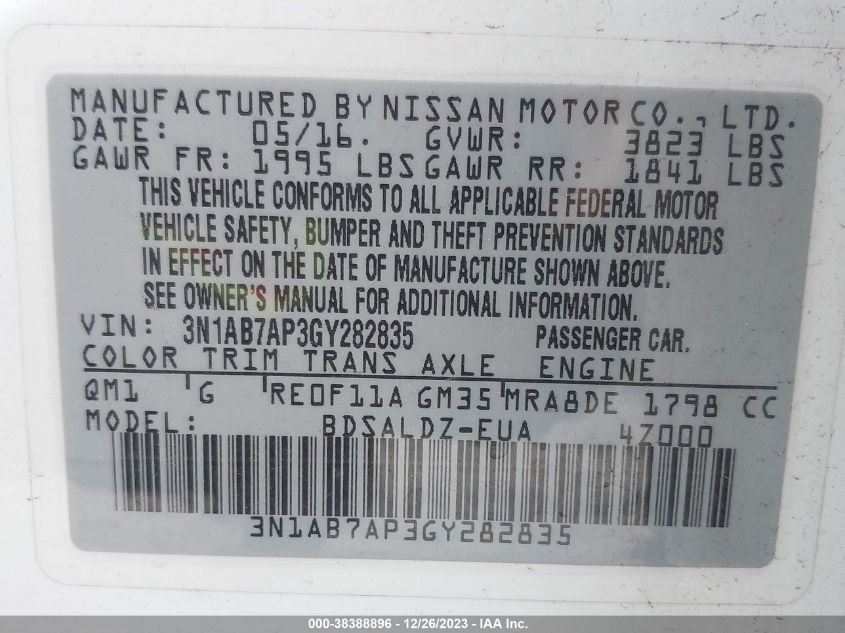 2016 NISSAN SENTRA SV - 3N1AB7AP3GY282835