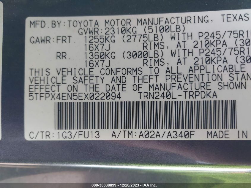 2014 TOYOTA TACOMA - 5TFPX4EN5EX022094