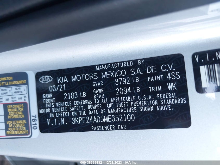 VIN 3KPF24AD5ME352100 2021 KIA FORTE LXS
