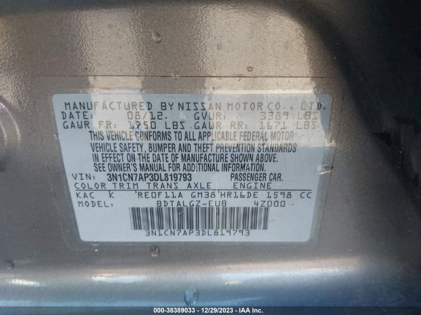 2013 NISSAN VERSA 1.6 SL - 3N1CN7AP3DL819793