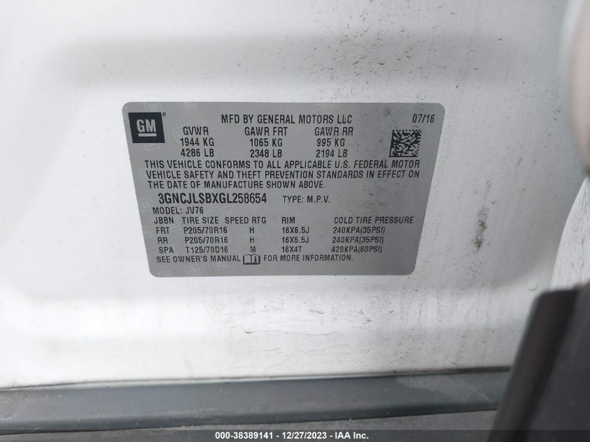 2016 CHEVROLET TRAX 1LT - 3GNCJLSBXGL258654