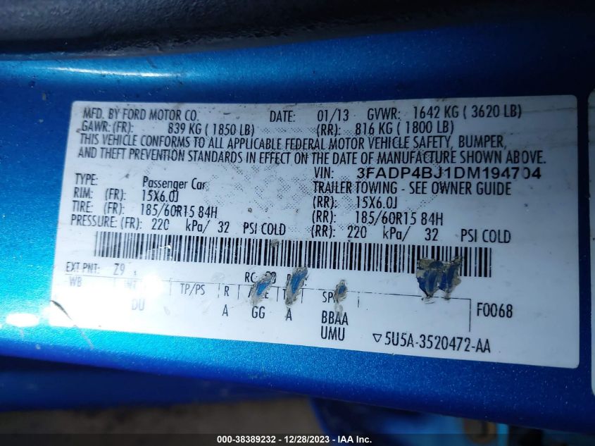 2013 FORD FIESTA SE - 3FADP4BJ1DM194704