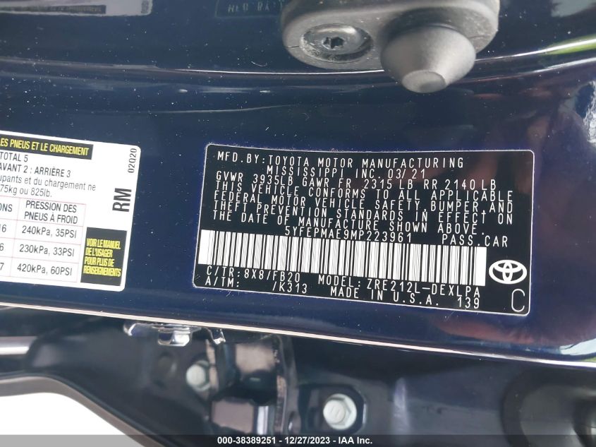 2021 TOYOTA COROLLA LE - 5YFEPMAE9MP223961