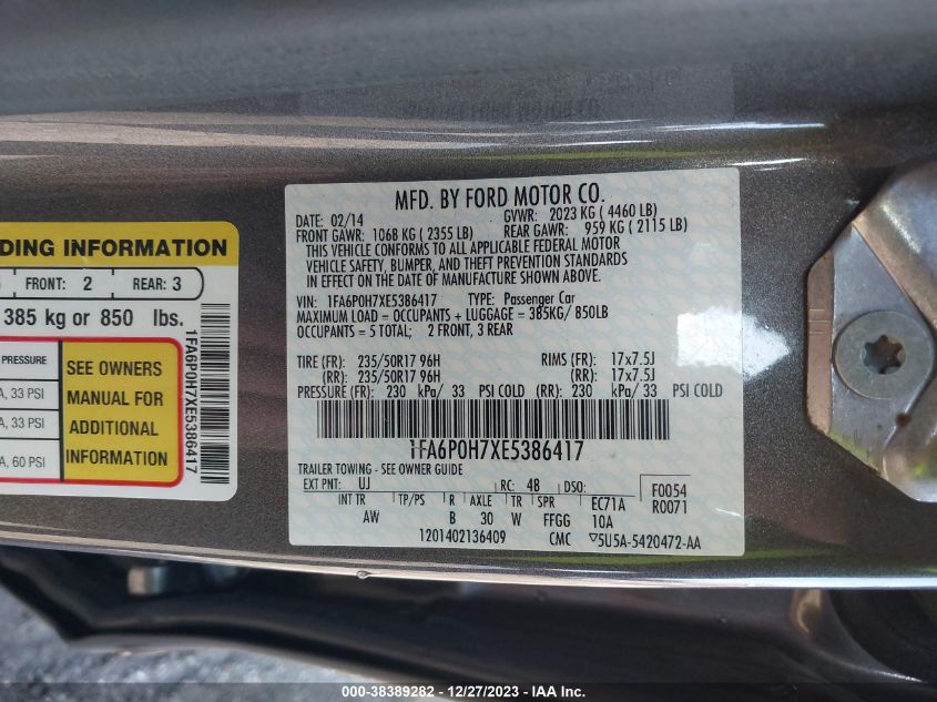 1FA6P0H7XE5386417 | 2014 FORD FUSION