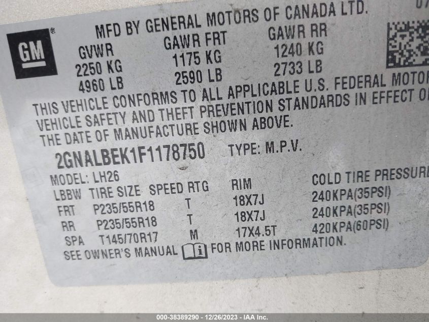 2015 CHEVROLET EQUINOX LT - 2GNALBEK1F1178750