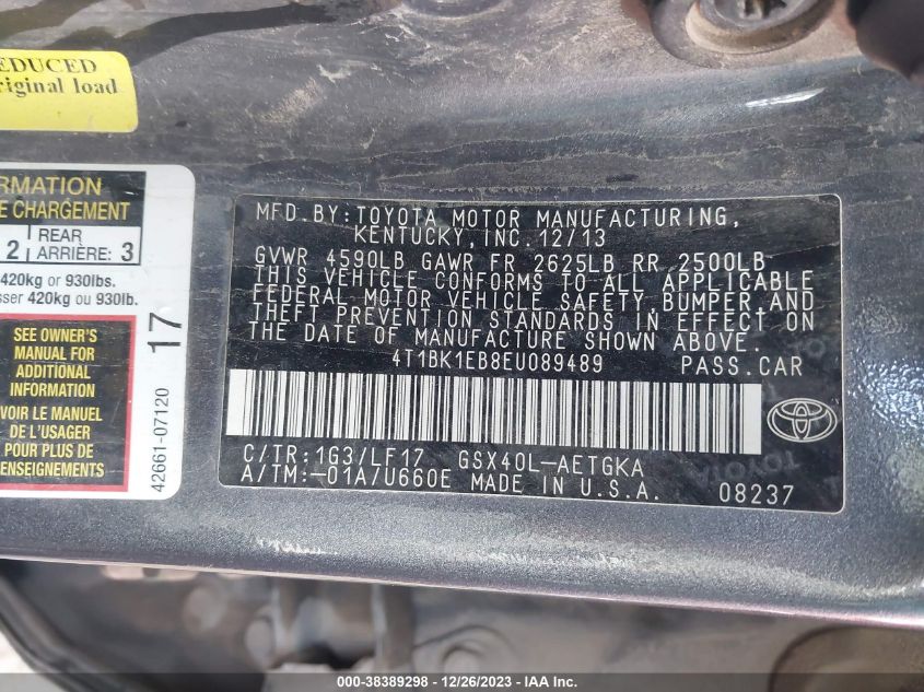 2014 TOYOTA AVALON PREMIUM/TOURING/LIMITED - 4T1BK1EB8EU089489