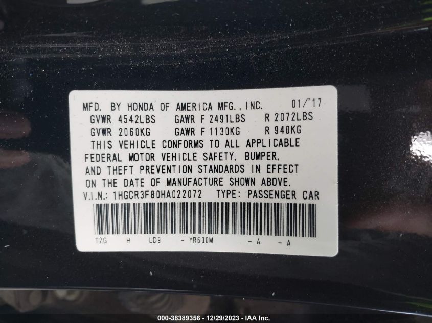 2017 HONDA ACCORD EXL - 1HGCR3F80HA022072
