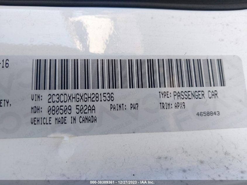 2016 DODGE CHARGER SXT - 2C3CDXHGXGH281536