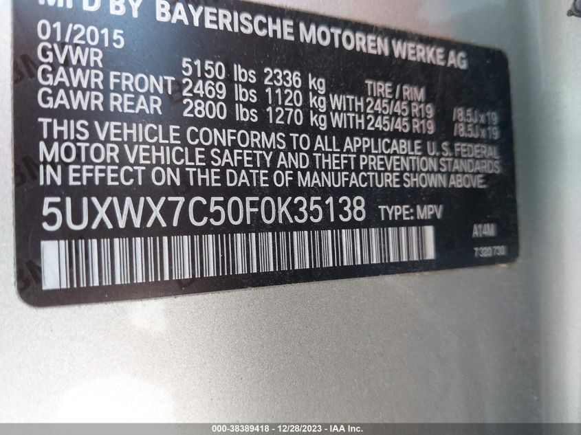 2015 BMW X3 XDRIVE35I - 5UXWX7C50F0K35138