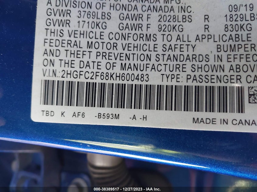 VIN 2HGFC2F68KH600483 2019 HONDA CIVIC LX