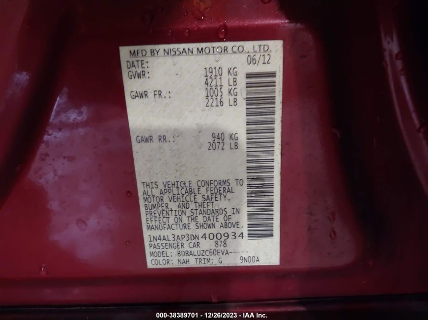 2013 NISSAN ALTIMA 2.5 SV - 1N4AL3AP3DN400934