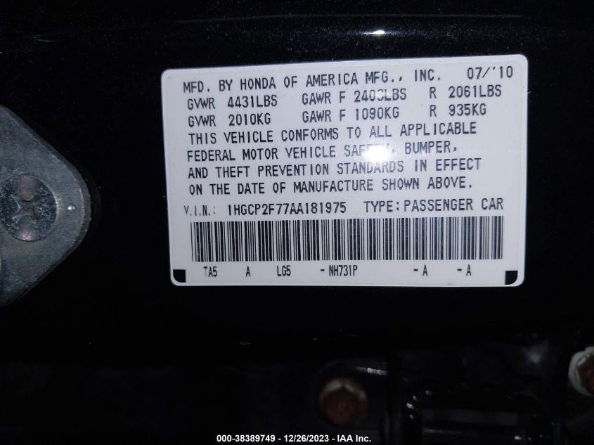 1HGCP2F77AA181975 | 2010 HONDA ACCORD