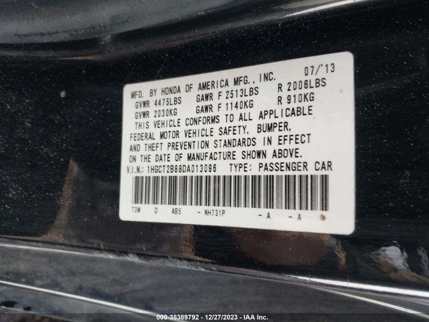 2013 HONDA ACCORD EXL - 1HGCT2B88DA013096