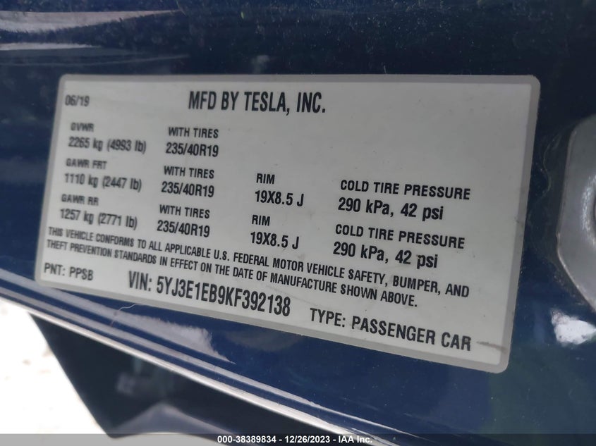VIN 5YJ3E1EB9KF392138 2019 TESLA MODEL 3