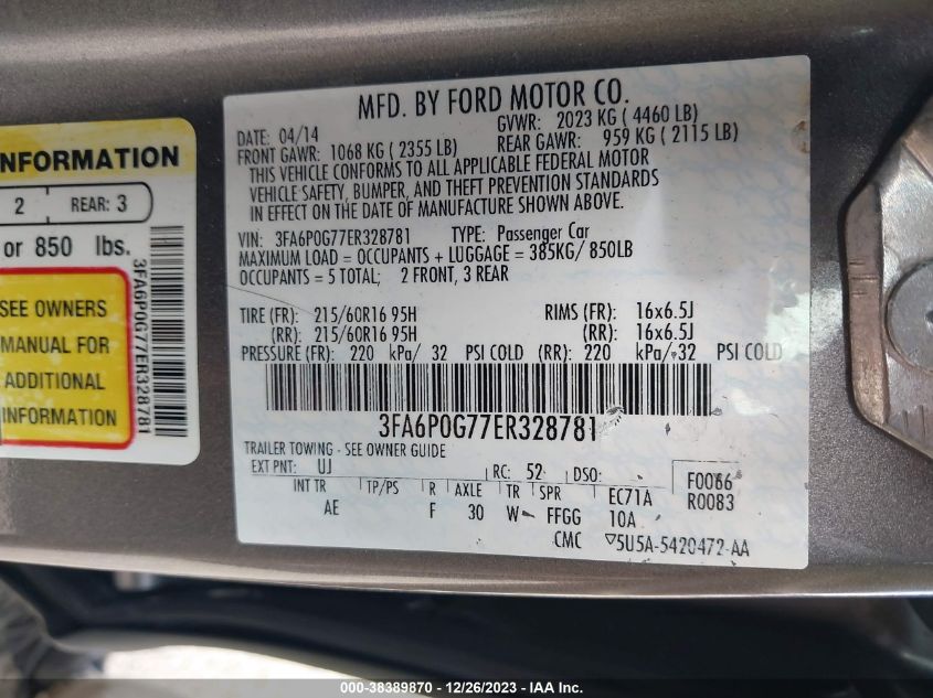 2014 FORD FUSION S - 3FA6P0G77ER328781