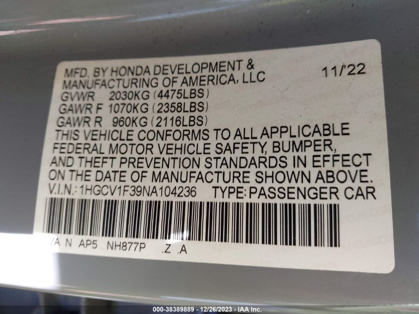 2022 HONDA ACCORD SPORT - 1HGCV1F39NA104236