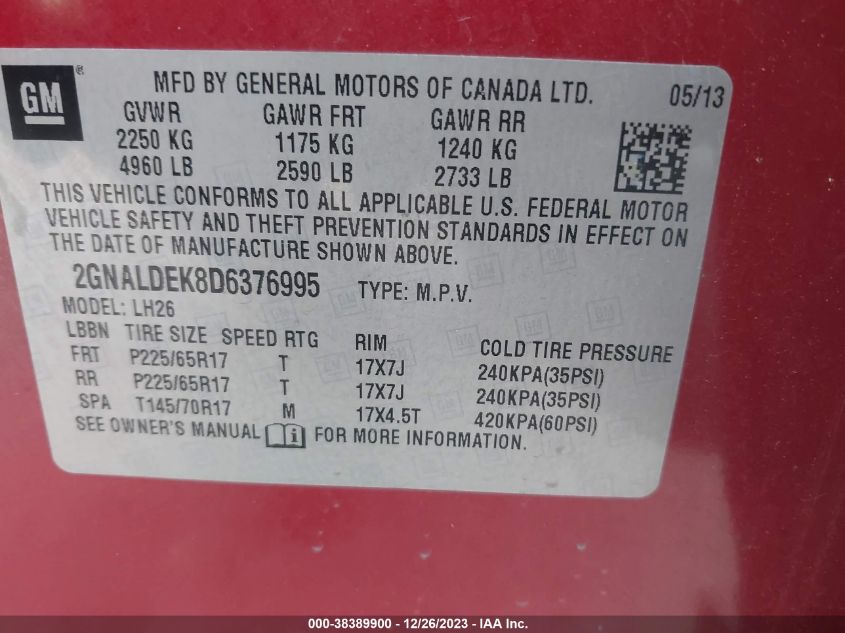 2013 CHEVROLET EQUINOX 1LT - 2GNALDEK8D6376995