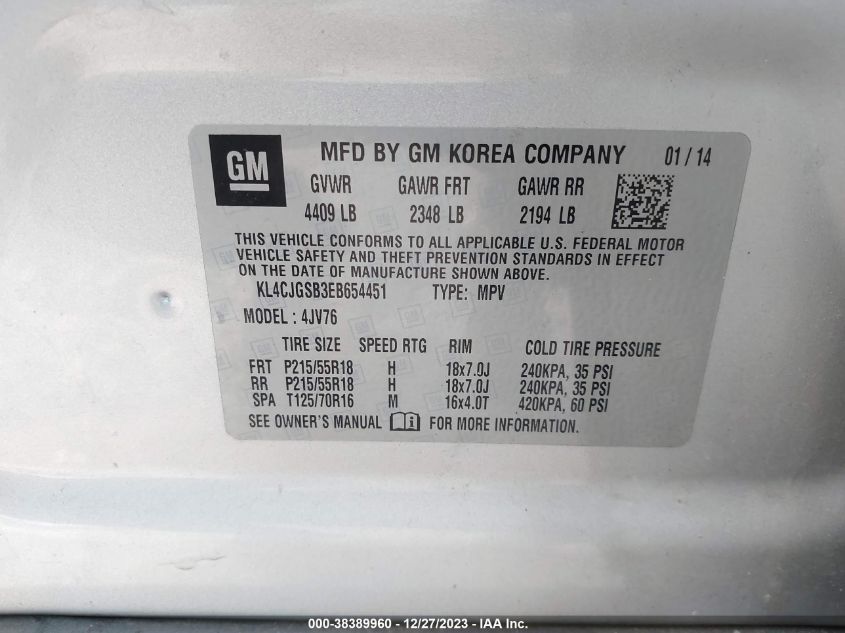 2014 BUICK ENCORE LEATHER - KL4CJGSB3EB654451