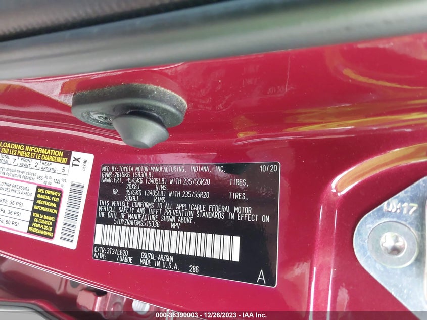 2021 TOYOTA HIGHLANDER LIMITED VIN: 5TDYZRAH3MS515336