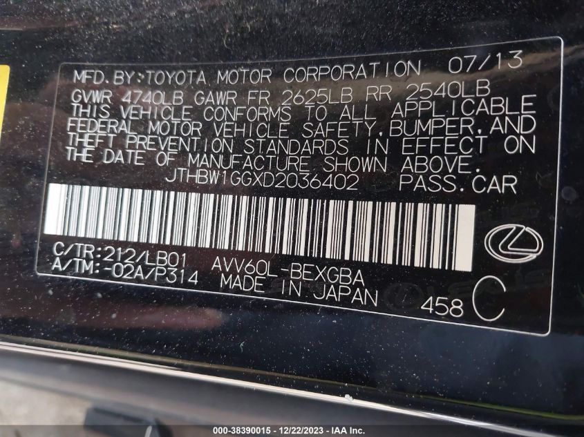 2013 LEXUS ES 300H - JTHBW1GGXD2036402