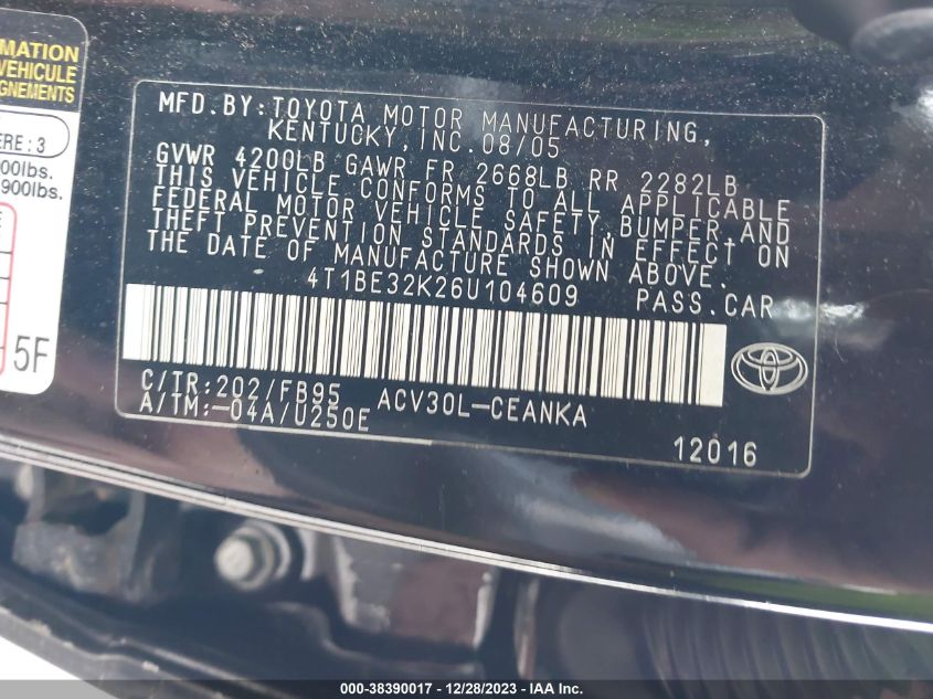 4T1BE32K26U104609 | 2006 TOYOTA CAMRY