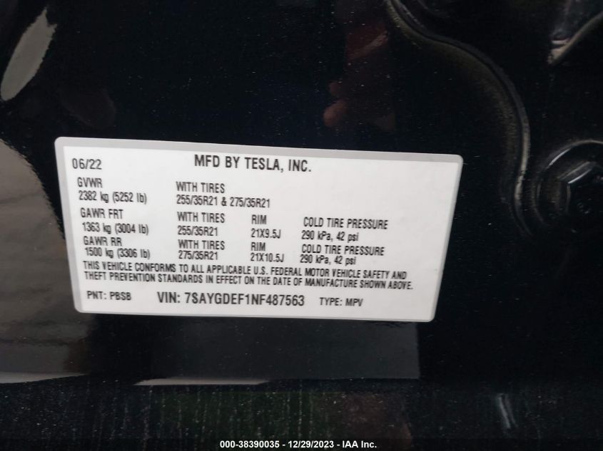 2022 TESLA MODEL Y PERFORMANCE DUAL MOTOR ALL-WHEEL DRIVE - 7SAYGDEF1NF487563