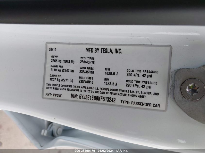 2019 TESLA MODEL 3 LONG RANGE - 5YJ3E1EB8HF513242