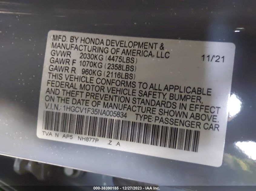 1HGCV1F35NA005834 | 2022 HONDA ACCORD