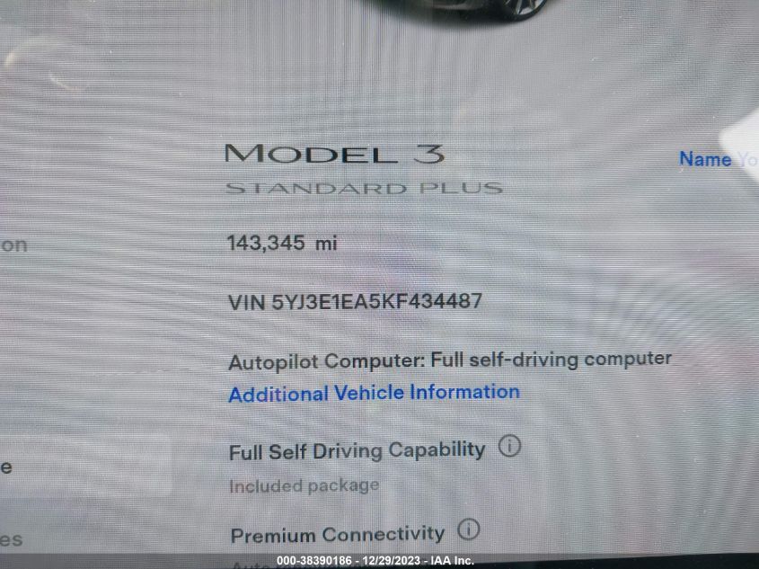 2019 TESLA MODEL 3 - 5YJ3E1EA5KF434487