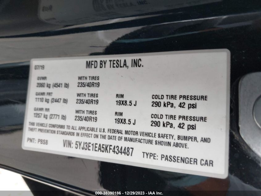 2019 TESLA MODEL 3 - 5YJ3E1EA5KF434487