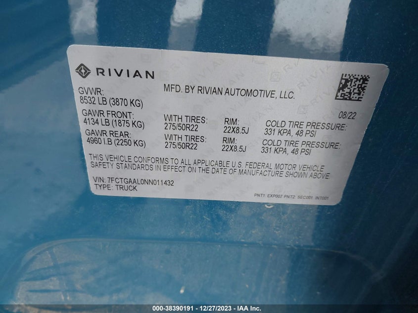 VIN 7FCTGAAL0NN011432 2022 RIVIAN R1T LAUNCH EDITION