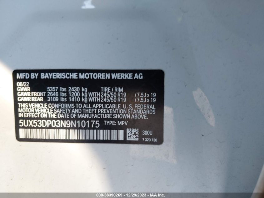 2022 BMW X3 XDRIVE30I - 5UX53DP03N9N10175