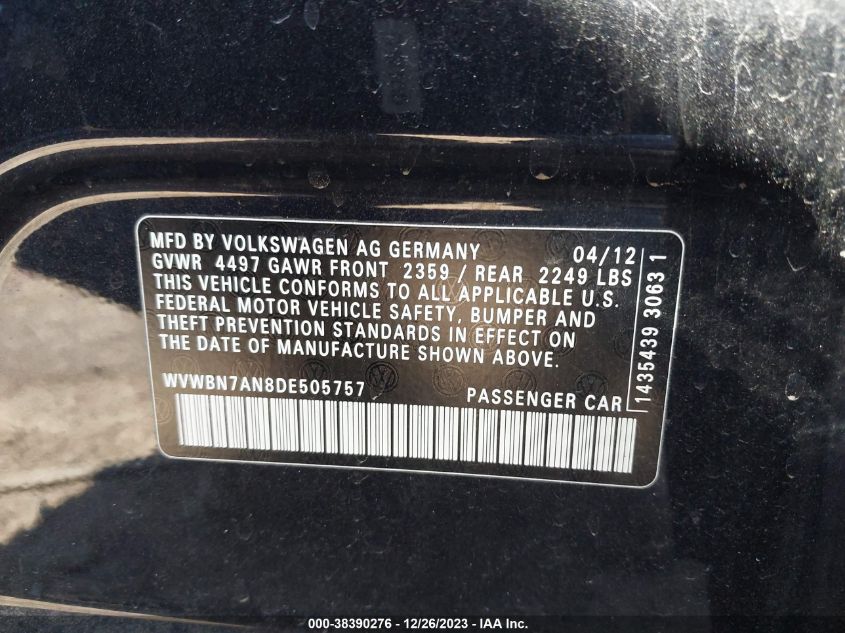 2013 VOLKSWAGEN CC SPORT - WVWBN7AN8DE505757