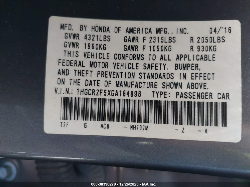 2016 HONDA ACCORD SPORT - 1HGCR2F5XGA184998