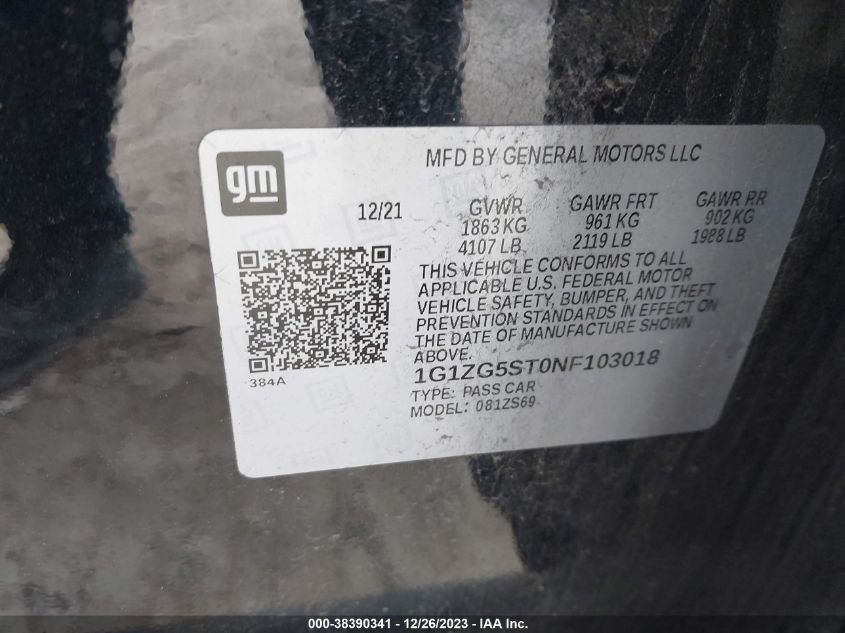 2022 CHEVROLET MALIBU FWD RS - 1G1ZG5ST0NF103018