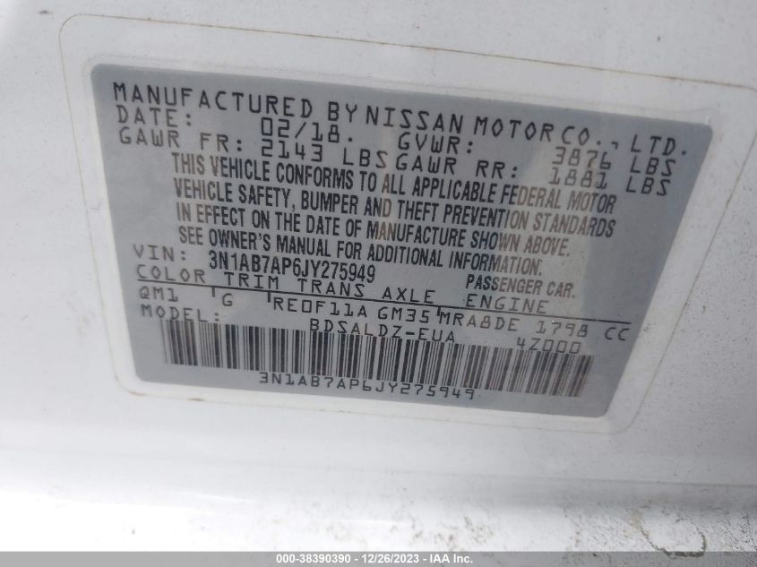 2018 NISSAN SENTRA S/SV/SR/SL - 3N1AB7AP6JY275949