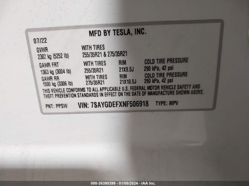 2022 TESLA MODEL Y PERFORMANCE DUAL MOTOR ALL-WHEEL DRIVE - 7SAYGDEFXNF506918