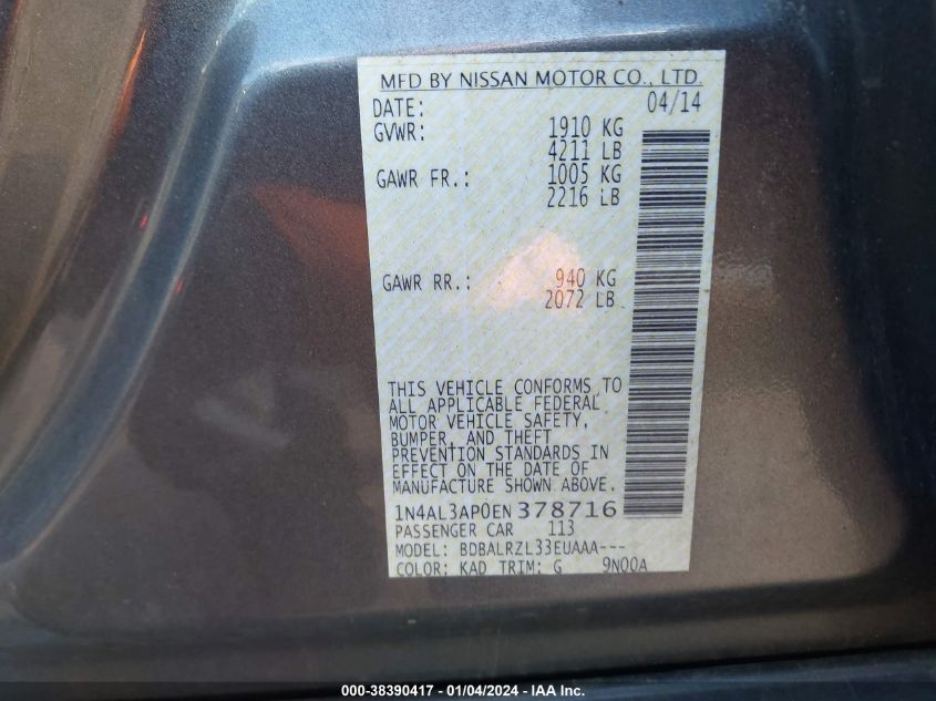 2014 NISSAN ALTIMA 2.5/2.5 S/2.5 SL/2.5 SV - 1N4AL3AP0EN378716