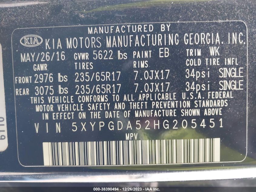 2017 KIA SORENTO LX/L - 5XYPGDA52HG205451