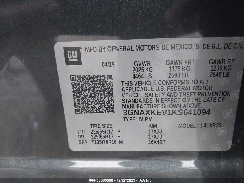 2019 CHEVROLET EQUINOX LT - 3GNAXKEV1KS641094