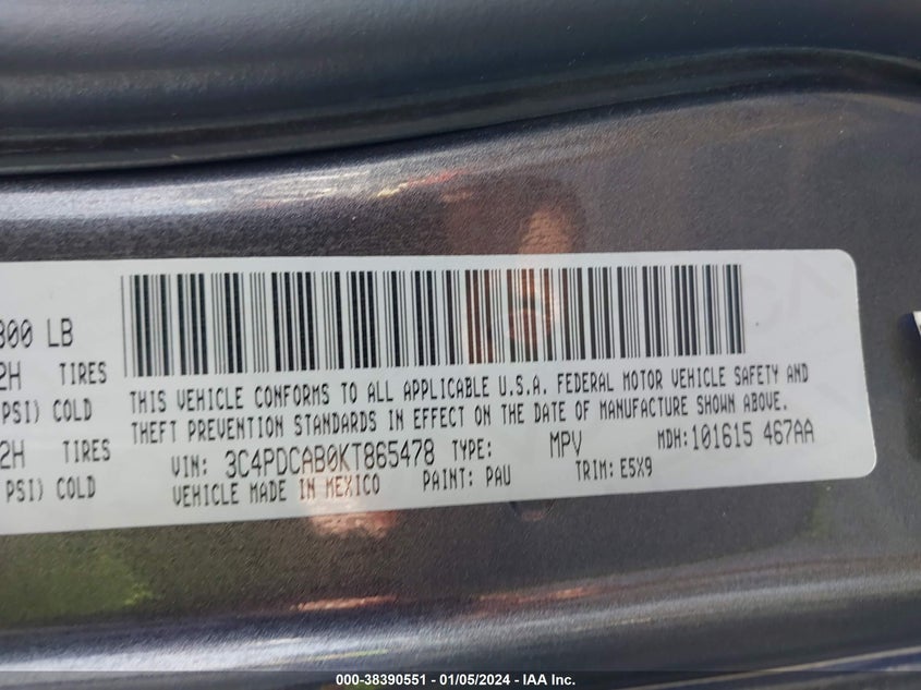 VIN 3C4PDCAB0KT865478 2019 DODGE JOURNEY SE VALUE PACKAGE