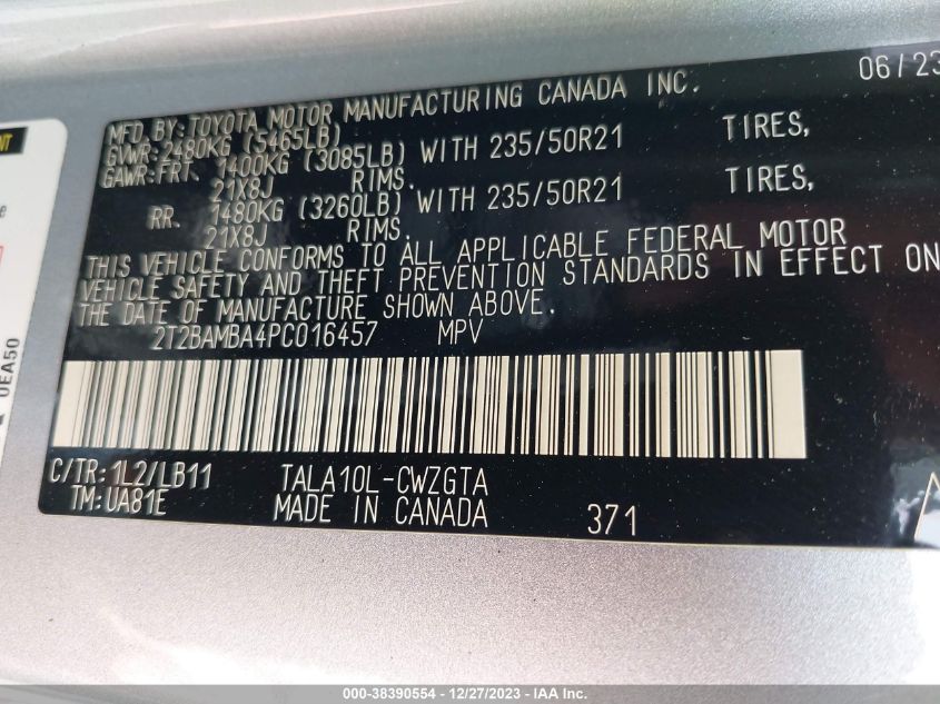 VIN 2T2BAMBA4PC016457 2023 LEXUS RX 350 PREMIUM PLUS